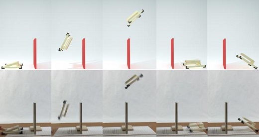 CAPTION A simulation (top row) and real-world experiment (bottom row) match for the same jumping mechanism designed to flip over a wall and land right side up on the other side. This simulation was generated by a new method that accurately predicts the real-world behavior of such mechanisms undergoing large-deformations, high-speed dynamics, frictional contact and impact. It does so at speeds fast enough to now be used in automated design algorithms that must rapidly, yet accurately, predict whether a design will work or fail. CREDIT (Credit: Desai Chen)