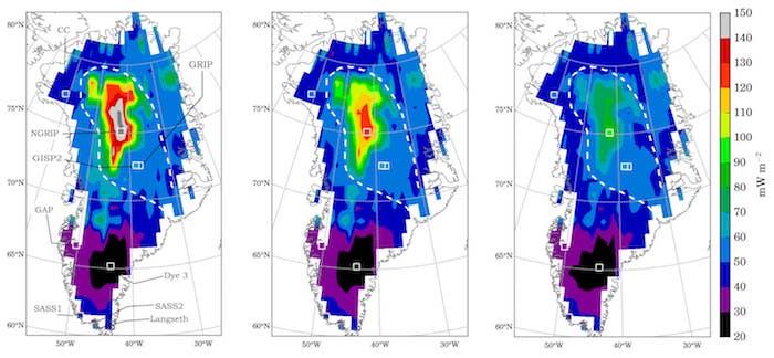 CAPTION These are geothermal heat flux predictions for Greenland. Direct GHF measurements from the coastal rock cores, inferences from ice cores, and additional Gaussian-fit GHF data around ice core sites are used as training samples. Predictions are shown for three different values. The white dashed region roughly shows the extent of elevated heat flux and a possible trajectory of Greenland's movement over the Icelandic plume.
