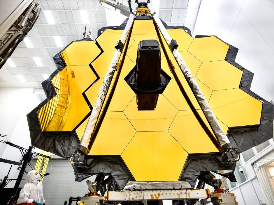 The James Webb Space Telescope is prepared for testing at NASA's Johnson Space Center in Houston. It successfully launched into space on Dec. 25, 2021. Photo courtesy of NASA/Chris Gunn.