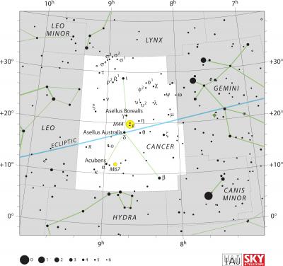 Mysteries of one of the most fascinating nearby planetary systems have been solved, report authors of a scientific paper to be published by the journal Monthly Notices of the Royal Astronomical Society in its early online edition on 22 April 2014. The study presents the first viable model for the planetary system orbiting one the first stars discovered to have planets. This image is a star map for the constellation Cancer and the 55 Cancri system.  The star hosting the 55 Cancri planetary system can be seen with the naked eye from a dark site.  For observers in the Northern hemisphere, Cancer is best viewed in the spring.  The 55 Cancri planetary system orbits the star labeled rho^1, which is slightly to the left of the top star that is connected by lines in this illustration to show the constellation Cancer.    Credit: Image courtesy of the International Astronomical Union and Sky and Telescope magazine (Roger Sinnott and Rick Fienberg)