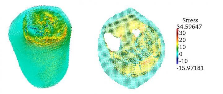 This image depicts the distribution of maximum stress in the 3-D model; and a cross-section showing maximum stress.  Credit: Jacobs School of Engineering/UC San Diego