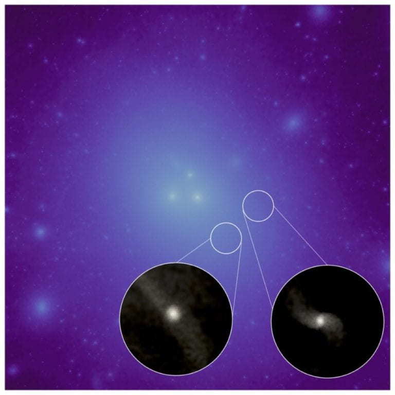 Dark matter distribution in a simulated galaxy group, with brighter areas showing higher concentrations of dark matter. Circles show close-up images of the stellar light associated with two galaxies lacking dark matter. If these galaxies had dark matter, they would appear as bright regions in the main image. Moreno et al.