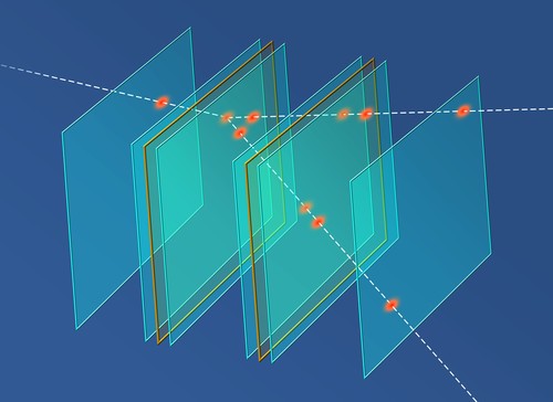 The MUonE detector records hits during collisions to reconstruct secondary particle tracks. Gold marks subsequent targets and blue marks silicon detector layers.