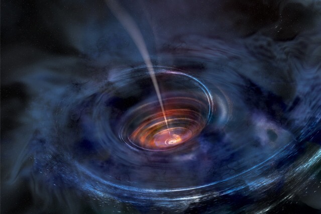 In this artist's rendering, a thick accretion disk has formed around a supermassive black hole following the tidal disruption of a star that wandered too close. Stellar debris has fallen toward the black hole and collected into a thick chaotic disk of hot gas. Flashes of X-ray light near the center of the disk result in light echoes that allow astronomers to map the structure of the funnel-like flow, revealing for the first time strong gravity effects around a normally quiescent black hole. Image: NASA/Swift/Aurore Simonnet, Sonoma State University