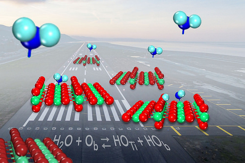 When water (shown in blue) comes in for a landing on the common catalyst titanium oxide (shown in red and green), it splits into hydroxyls (on leftward surface) just under half the time.