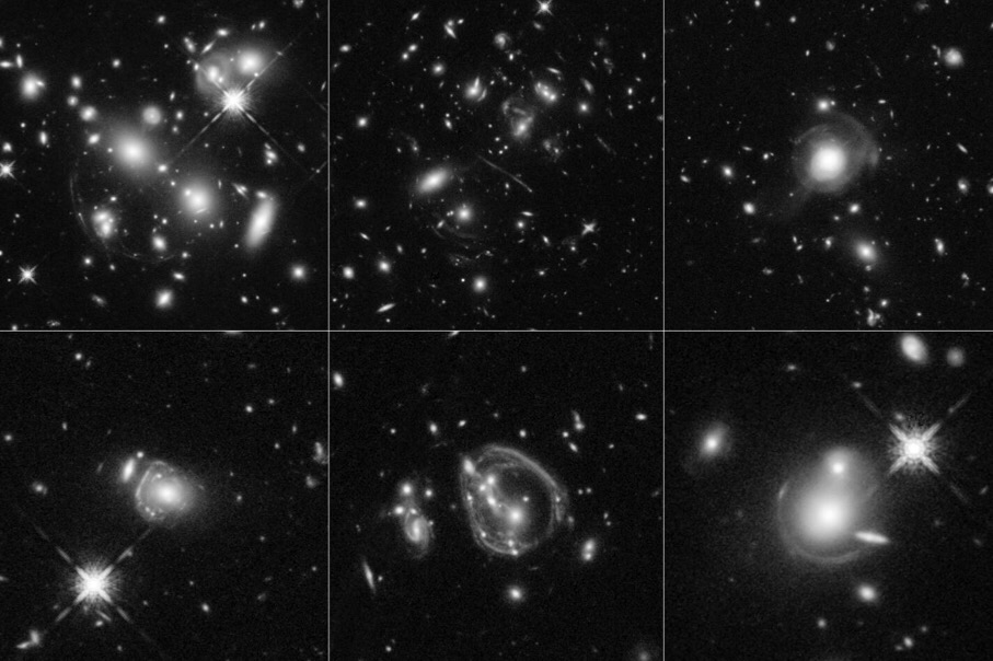 CAPTION These six Hubble Space Telescope images reveal a jumble of misshapen-looking galaxies punctuated by exotic patterns such as arcs, streaks, and smeared rings. These unusual features are the stretched shapes of the universe's brightest infrared galaxies that are boosted by natural cosmic magnifying lenses. Some of the oddball shapes also may have been produced by spectacular collisions between distant, massive galaxies. The faraway galaxies are as much as 10,000 times more luminous than our Milky Way. The galaxies existed between 8 billion and 11.5 billion years ago. CREDIT NASA, ESA, and J. Lowenthal (Smith College)