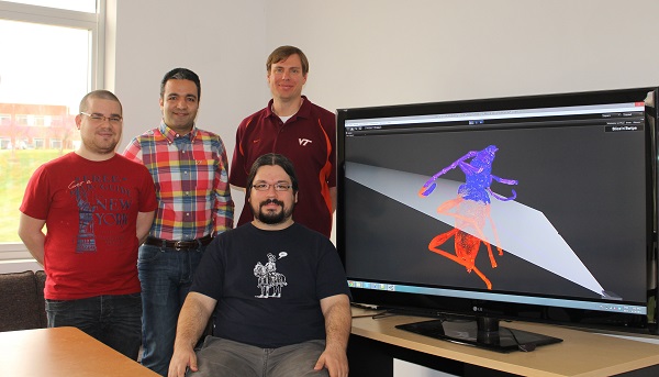 The team members, pictured from left to right, standing, are Cristian Moral Martos of Madrid, Spain; Mahdi Nabiyouni of Tehran, Iran; and Doug Bowman, faculty adviser and professor of computer science at Virginia Tech. Seated is Felipe Bacim of Porto Alegre, Brazil.