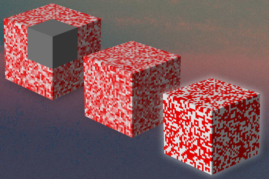 A machine-learning method developed at MIT detects internal structures, voids, and cracks inside a material, based on data about the material’s surface. On the top left cube, the missing fields are represented as a gray box. Researchers then leverage an AI model to fill in the blank (center). Then, the geometries of composite microstructures are identified based on the complete field maps using another AI model (bottom right). Credits:Image: Jose-Luis Olivares/MIT and the researchers