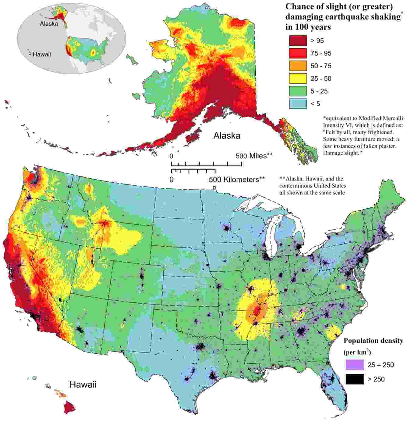National Seismic Hazard Model (2023). Map displays the likelihood of damaging earthquake shaking in the United States over the next 100 years.