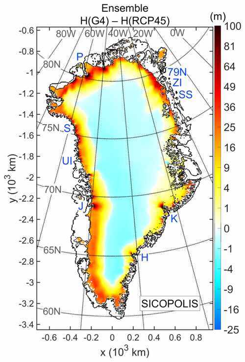 The following information is about the results obtained from SICOPOLIS simulations that compared the changes in the thickness of the Greenland Ice Sheet between GeoMIP G4 and RCP4.5. According to the study conducted by John C. Moore, Ralf Greve, et al. and published in the Journal of Geophysical Research: Earth Surface on November 27, 2023, the injection of sulfur dioxide into the stratosphere will have a significant protective effect on the margins of the ice sheet. As a result of this injection, the thickness of the ice sheet's margins, represented in yellow and red, will remain thicker.