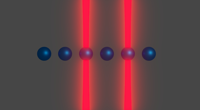 Two trapped ions (in blue) are selected by optical tweezers (in red). A quantum gate between the ions can be implemented using electric fields.