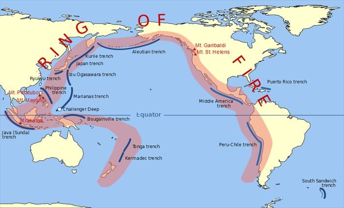 Pacific Ring of Fire  CREDIT Gringer (talk) 23:52, 10 February 2009 (UTC), Public domain, via Wikimedia Commons