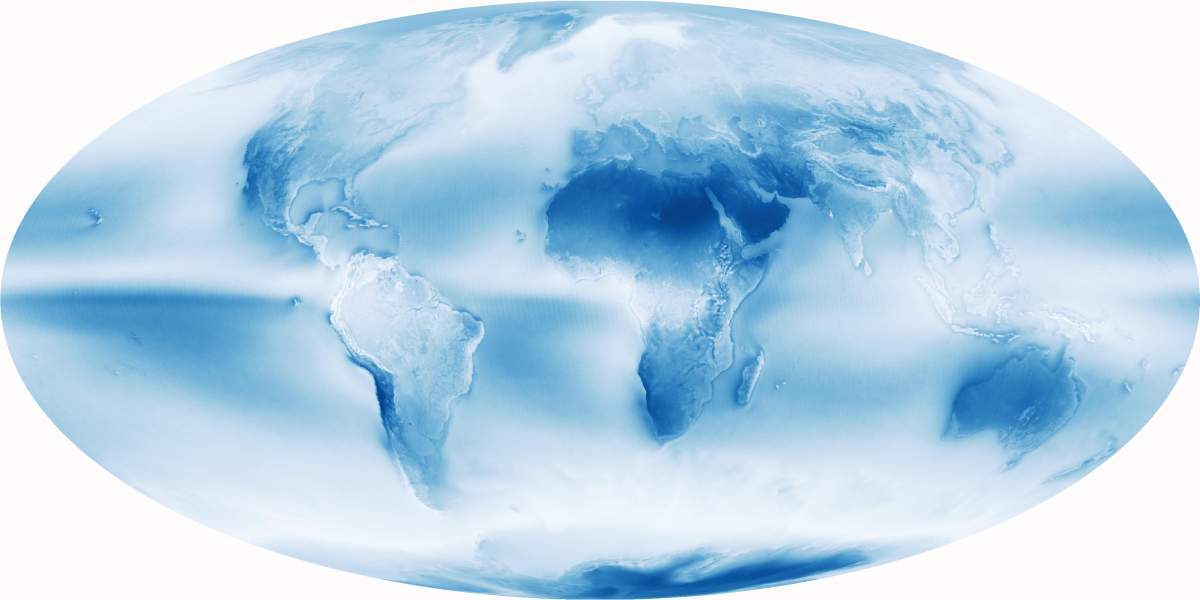 Global cloudiness map, based on data collected by the Aqua research satellite over more than a decade (2002-2015). Clouds are not distributed uniformly but rather concentrated in hot spots. Photo: NASA