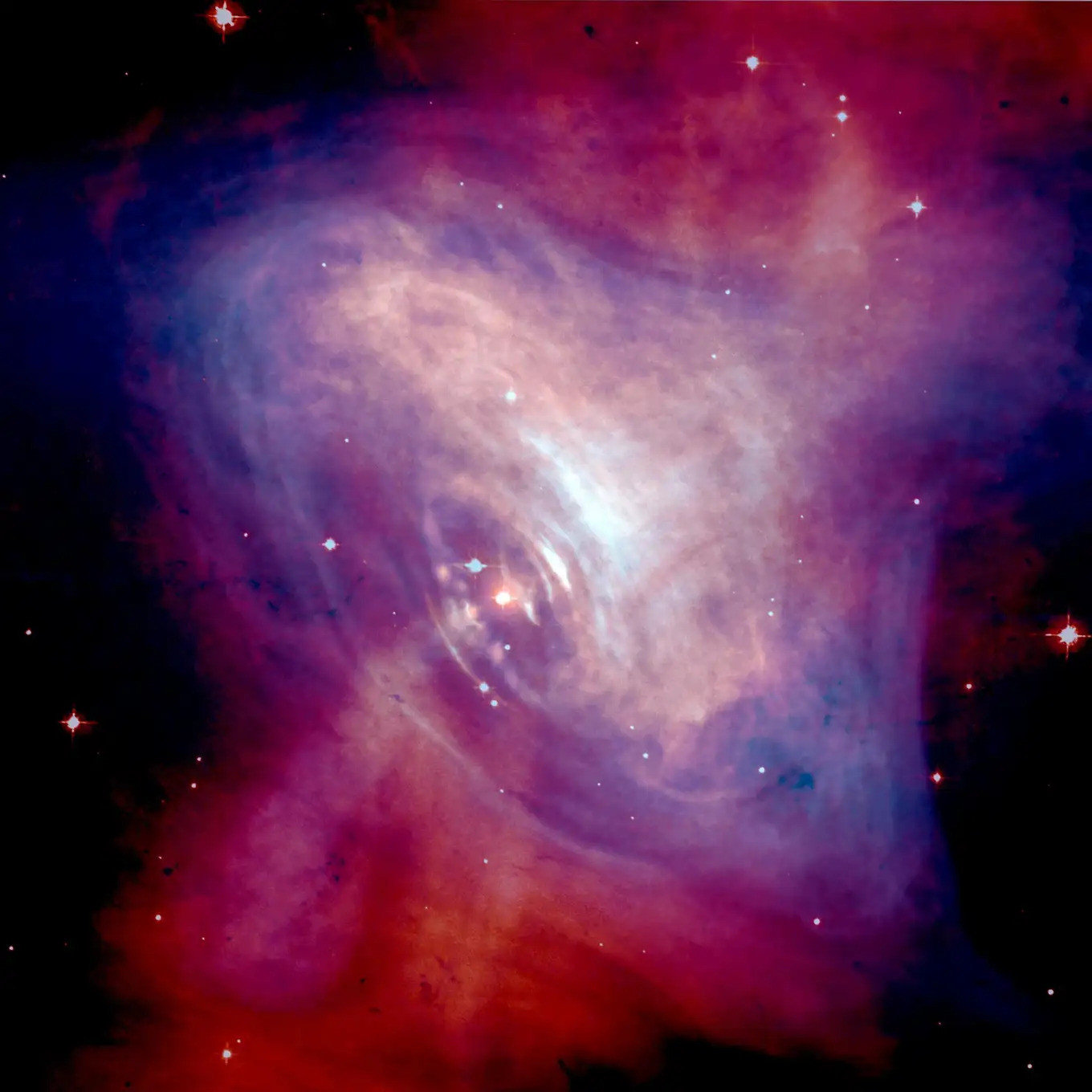 The Crab Nebula – a remnant of a supernova explosion which in its center contains a pulsar. The pulsar makes the ordinary matter in the form of gas in the nebula light up. As the researchers have now shown, it may do the same with dark matter in the form of axions, leading to a subtle additional glow that can be measured. Image: NASA/CXC/ASU/J. Hester et al.