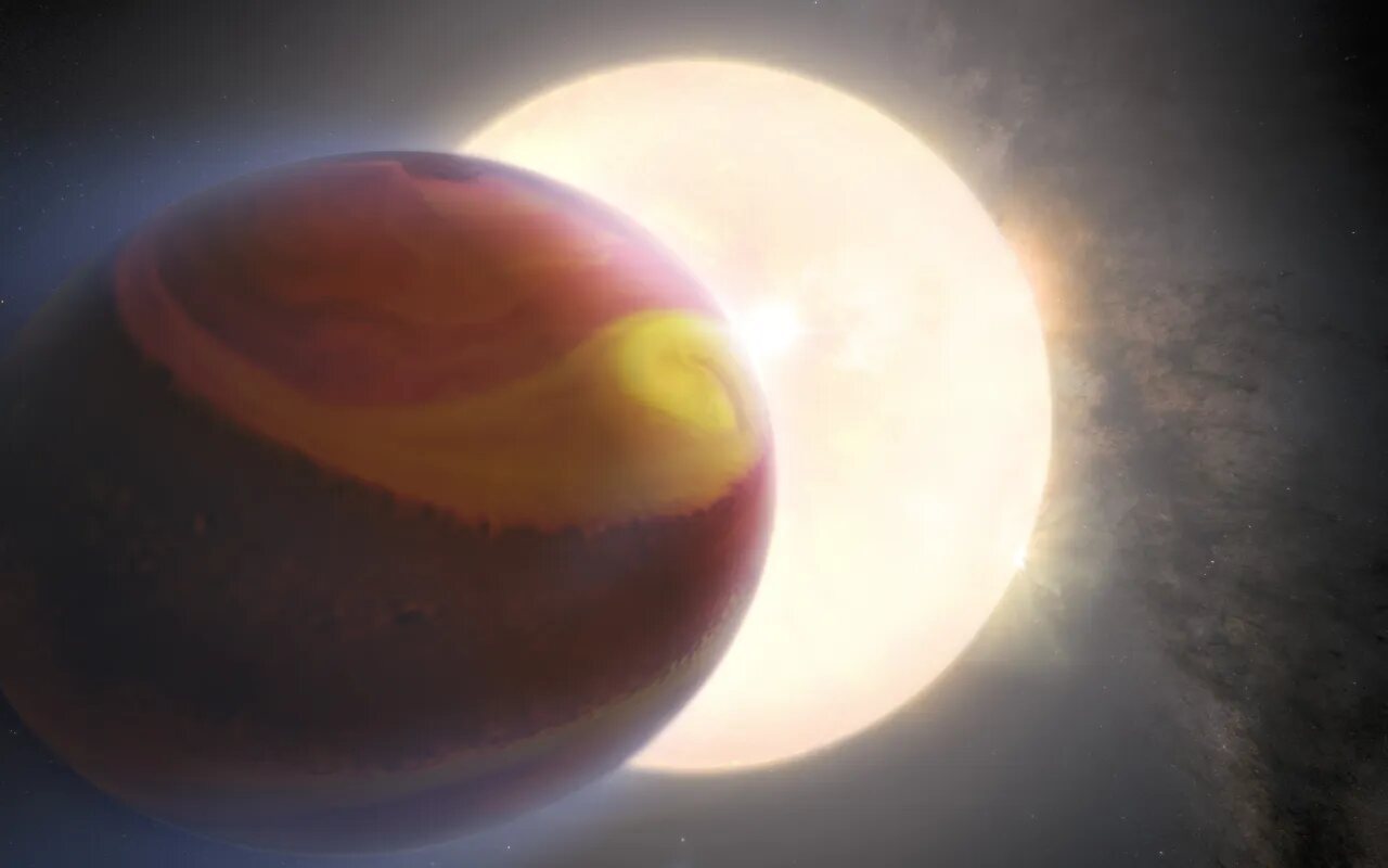 This is an artist's concept of an exoplanet called WASP-121 b, also known as Tylos. The Hubble telescope has provided data that helped scientists detect heavy metals such as magnesium and iron escaping from the exoplanet's upper atmosphere, making it the first such detection. WASP-121 b is an ultra-hot Jupiter exoplanet that orbits dangerously close to its host star, approximately 2.6% of the distance between Earth and the Sun, which puts it at risk of being torn apart by the star's tidal forces. The planet's shape has been altered by the powerful gravitational forces. An international team of astronomers analyzed and reprocessed Hubble observations from 2016, 2018, and 2019, providing them with a unique dataset to compare the state of the exoplanet's atmosphere over several years. They discovered that the observations of WASP-121 b were varying in time and concluded that these temporal variations were caused by weather patterns in the exoplanet's atmosphere. NASA, ESA, Quentin Changeat (ESA/STScI), Mahdi Zamani (ESA/Hubble)