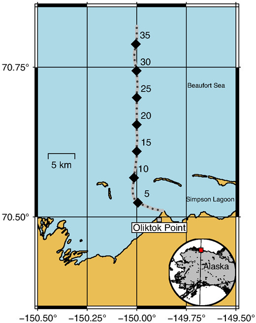 Map of Oliktok Point and layout of the submarine fiber optic cable (gray line). Distributed Acoustic Sensing (DAS) recorded data for the first 37.4 km of the cable. Black diamonds and gray circles represent intervals of 5 km and 1 km, respectively, along the cable. Inset shows the location of Oliktok (red square) with respect to Alaska (United States).