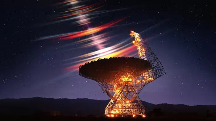 Artist's impression of the discovery of microsecond bursts. The foreground shows the Green Bank Telescope (United States) with which the research was done. Incoming radio waves are shown as white, red, and orange streaks that follow each other in rapid succession. The long red streaks are the previously known millisecond flashes. (c) Daniëlle Futselaar/www.artsource.nl