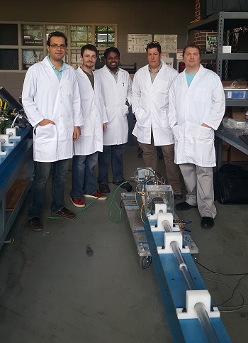Mississippi State University and Cardiff University researchers collaborate at MSU’s Center for Advanced Vehicular Systems. Pictured, from left to right, are MSU doctoral student Hamed Bakhtiary, CAVS student worker Jonny Miller, MSU Assistant Professor of Agricultural and Biological Engineering Raj Prabhu, Cardiff University Senior Lecturer Mike Jones and CAVS Research Engineer III Wilburn Whittington.