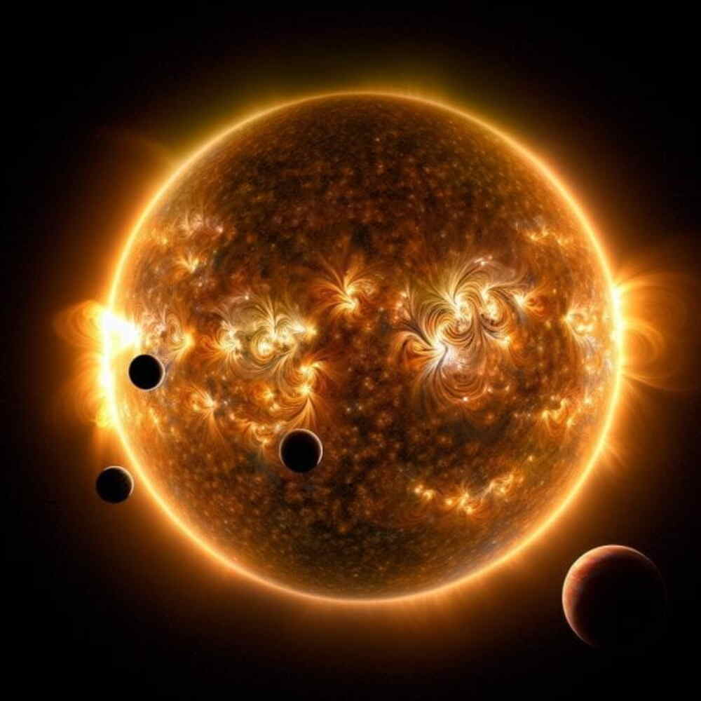 An image that portrays a dwarf star with plate number TOI-1136, created by an artist, demonstrates how exoplanets in its close orbit are affected by radiation and solar flares, which in turn impact their atmospheres. According to researchers at UCI, the magnetic variability around the star creates noise, making it more challenging to measure the masses of the exoplanets. The illustration was created by Rae Holcomb and Paul Robertson from UCI.