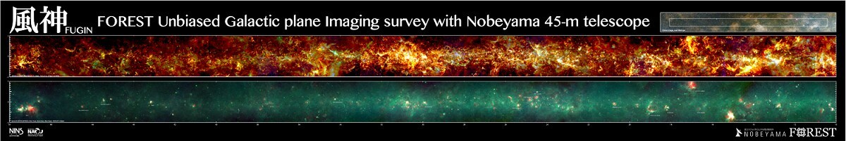 The poster of the FUGIN (FOREST Unbiased Galactic plane Imaging survey with Nobeyama 45-m telescope) project (https://nro-fugin.github.io/). The upper panel shows the distribution of molecular clouds in the Milky Way Galaxy obtained by the Nobeyama 45-m radio telescope. The lower panel shows infrared observation by the Spitzer Space Telescope.