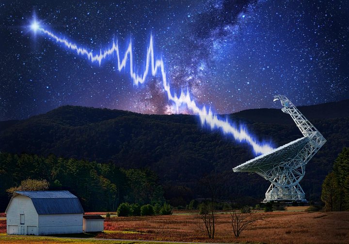 CAPTION The 100-meter Green Bank Telescope in West Virginia is shown amid a starry night. A flash from the Fast Radio Burst source FRB 121102 is seen traveling toward the telescope. The burst shows a complicated structure, with multiple bright peaks; these may be created by the burst emission process itself or imparted by the intervening plasma near the source. This burst was detected using a new recording system developed by the Breakthrough Listen project. CREDIT Image design: Danielle Futselaar