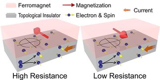 CAPTION The schematic figure illustrates the concept and behavior of magnetoresistance. The spins are generated in topological insulators. Those at the interface between ferromagnet and topological insulators interact with the ferromagnet and result in either high or low resistance of the device, depending on the relative directions of magnetization and spins.