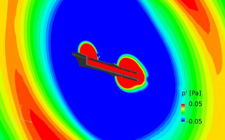 CAPTION This shows the contours of pressure fluctuation around recorder with opened tone holes.