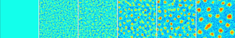 These images show spinodal decomposition (liquid and vapor components separating out spontaneously) in a near-critical Argon system from a homogeneous initial condition into droplets suspended in a majority vapor phase.