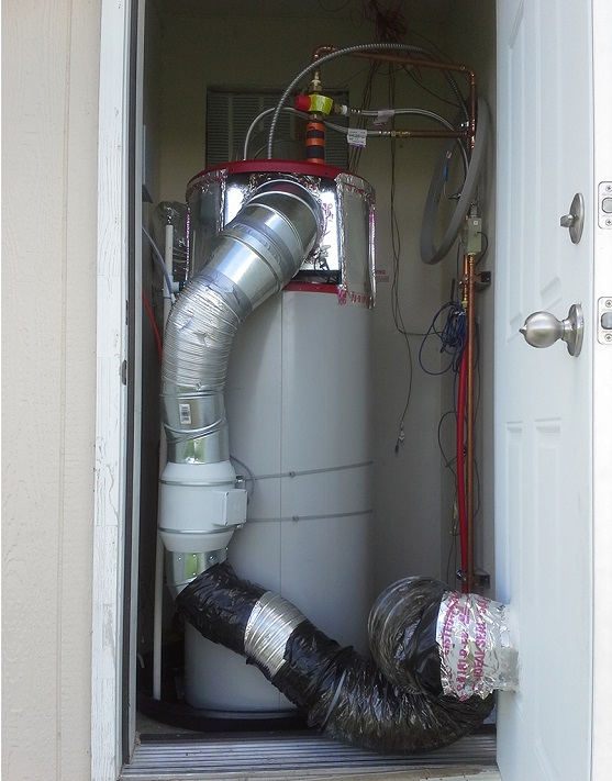 A fully ducted heat pump water heater, with ducting that collects air to warm water and exhausts used air outside. PNNL researchers found fully ducting a heat pump water heater reduced a home's total annual energy use by 4.2 percent, providing a $1,982 10-year cost savings for a 1,500-square-foot home.