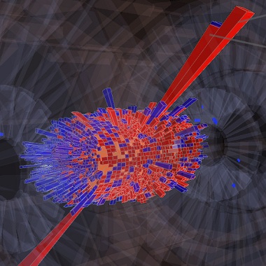 A Z-boson decays within the Compact Muon Solenoid detector at CERN. Large red spikes represent the resulting electron-positron pair. Physicists must sort through trillions of collisions like this to find new elementary particles. Image: Matevz Tadel