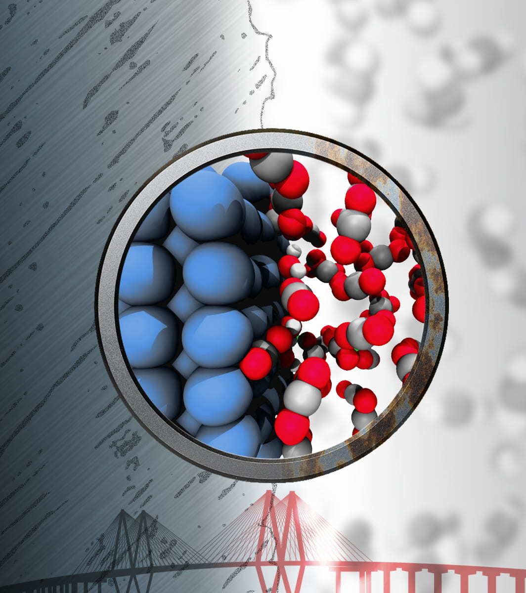 Iron (blue) can react with trace amounts of water to produce corrosive chemicals despite being bathed in “inert” supercritical fluids of carbon dioxide. Atomistic simulations carried out at Rice University show how this reaction happens. (Credit: Evgeni Penev/Rice University)