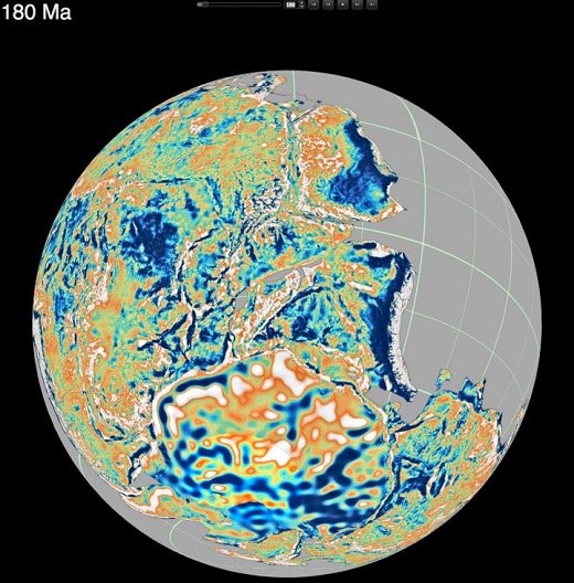 CAPTION This is a reconstruction of the supercontinent Pangea 180 million years ago. The colors correspond to fluctuations in the continental gravity field, which reflect the deep continental structure such as roots of ancient mountain chains, basins and fold belts. These features are used to solve the puzzle of re-arranging all continents from today¹s positions to their ancient placement in Pangea. CREDIT Professor Dietmar Müller.