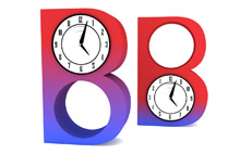 In this illustration, two different B mesons are changing between states (represented as colors); however blue-B changes into red-B more quickly than red-B changes into blue-B (a process running in reverse-time, as shown by the backwards clock dial). For these transformations, time has proven asymmetrical; the changes are happening at a different rate as time moves forward than when it is reversed, according to measurements from the high-energy physics experiment known as BaBar. (Credit: Greg Stewart, SLAC National Accelerator Laboratory)