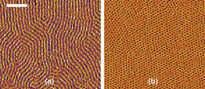 The method of creating a thin film can have great effect on the material, such as the orientation of the tiny cylinders in this film proposed for use in computer memory. One method of film creation is far more effective at creating copolymer films with cylinders that stand on end (b), as they must to be usable. Scale bar represents 200 nanometers.