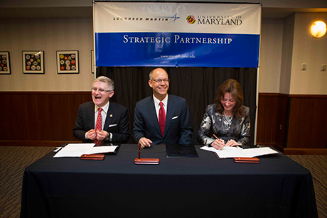 Dr. Patrick O'Shea, vice president and chief research officer at the University of Maryland, Dr. Ray O. Johnson, senior vice president and chief technology officer at Lockheed Martin and Dr. Mary Ann Rankin, senior vice president and provost at the University of Maryland signed a memorandum of understanding establishing the Quantum Engineering Center at the University of Maryland on March 5, 2014. 