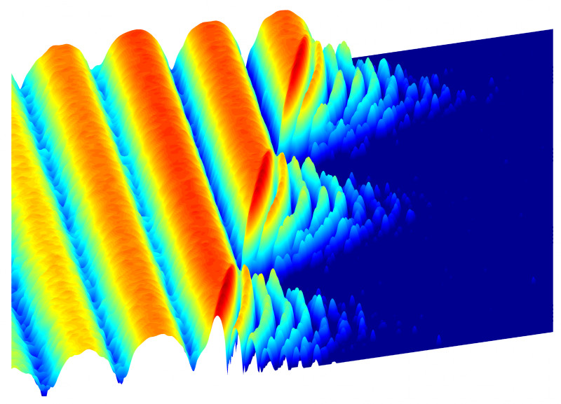 Oscillations of photons create an image of frozen light. At first, photons in the experiment flow easily between two superconducting sites, producing the large waves shown at left. After a time, the scientists cause the light to "freeze," trapping the photons in place. Fast oscillations on the right of the image are evidence of the new trapped behavior.