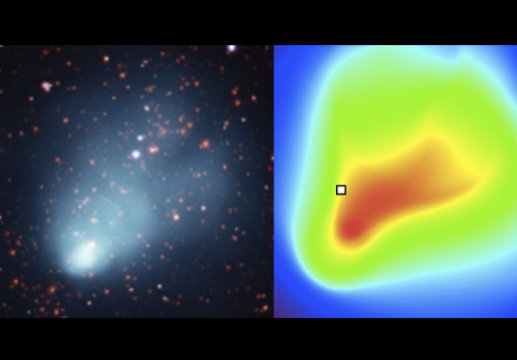 An image comparing the data showing the many galaxies and the X-ray emission from the hot gas (left) with the model of the hot gas (right). The "comet" shape of the X-ray data is well reproduced by the model