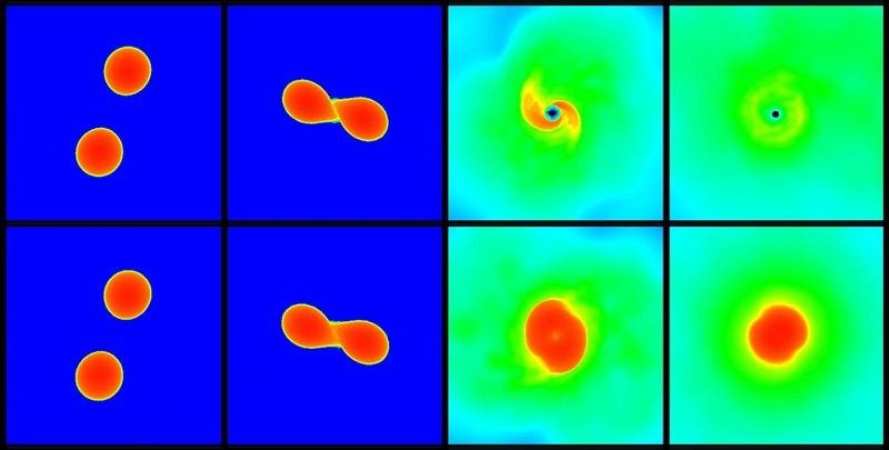 The upper and lower series of pictures each show a simulation of a neutron star merger. In the scenario shown in the upper panels the star collapses after the merger and forms a black hole, whereas the scenario displayed in the lower row leads to an at least temporarily stable star. CREDIT Picture: Andreas Bauswein, HITS