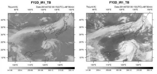 Distributions of simulated (left) and observed (right) brightness temperatures at the 24th hour.