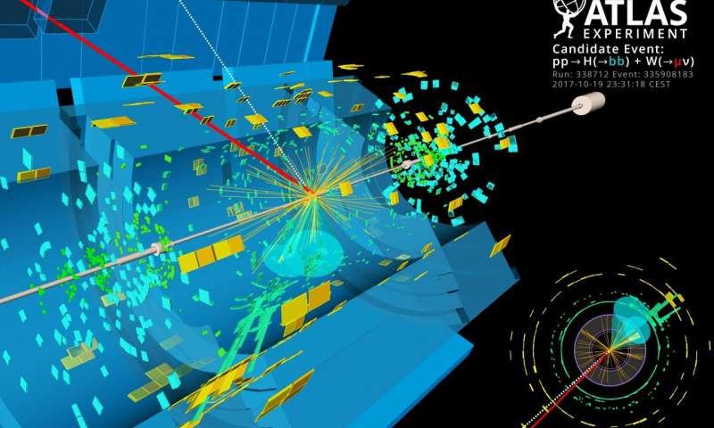A candidate event display for the production of a Higgs boson decaying to two b-quarks (blue cones), in association with a W boson decaying to a muon (red) and a neutrino. The neutrino leaves the detector unseen, and is reconstructed through the missing transverse energy (dashed line). Credit: ATLAS Collaboration/CERN