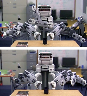 In these time-lapse photos, a robot is guided by two different algorithms as it attempts to grasp a coffee cup on a desk. In the first (top), the robot flails about randomly before reaching toward the cup. But when it runs a new algorithm designed by MIT researchers (bottom), its movements are much more efficient and predictable.	 Images: Sertac Karaman