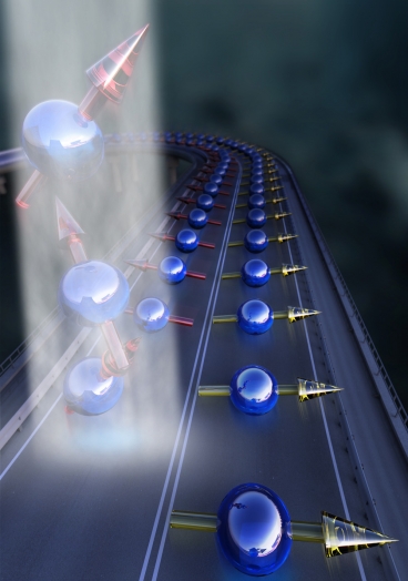 This diagram illustrates how lasers can be used to control an electric current on these new materials. Electrons (blue spheres) travel, as if on a highway, in different directions, with their axis of spin (arrows) aligned differently according to the direction of travel. A circularly polarized laser beam (left) affects only electrons going in one direction, removing them from the flow, leaving a net flow — an electric current — going the other way. Photo: Gedik Group