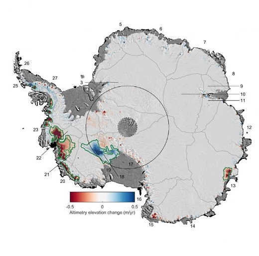 CAPTION By combining 25 years of ESA satellite data, scientists have discovered that warming ocean waters have caused the ice to thin so rapidly that 24% of the glaciers in West Antarctica are now affected. A paper published in Geophysical Research Letters describes how the UK Centre for Polar Observation and Modelling (CPOM) used over 800 million measurements of the height of the Antarctic ice sheet recorded by radar altimeter instruments on ESA's ERS-1, ERS-2, Envisat, and CryoSat satellite missions between 1992 and 2017. They used simulations of snowfall produced by the RACMO regional climate model to identify changes that were due to glacier dynamics alone (green contours). In some places, the glacier thinning has spread far inland during the survey period.  CREDIT CPOM