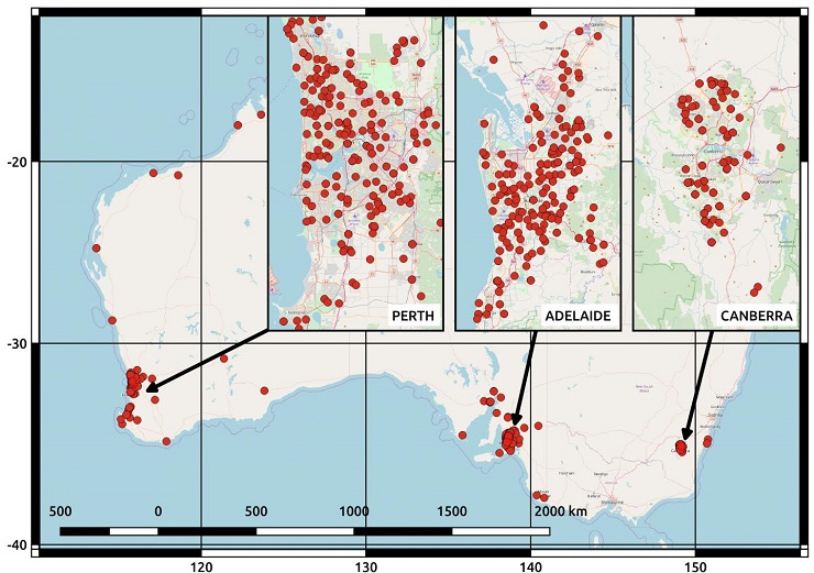 Map of Australia highlighting Perth, Western Australia; Adelaide, South Australia; and Canberra, Australian Capital Territory. Each red marker represents the location of the PV systems within the database. Longitude and latitude are reported in degrees.