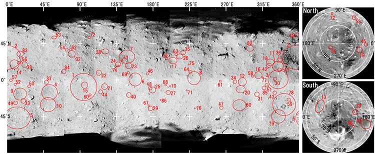 Figure 1: Size and location of craters on Ryugu (Figure from the Journal paper): The craters are numbered in order of size.