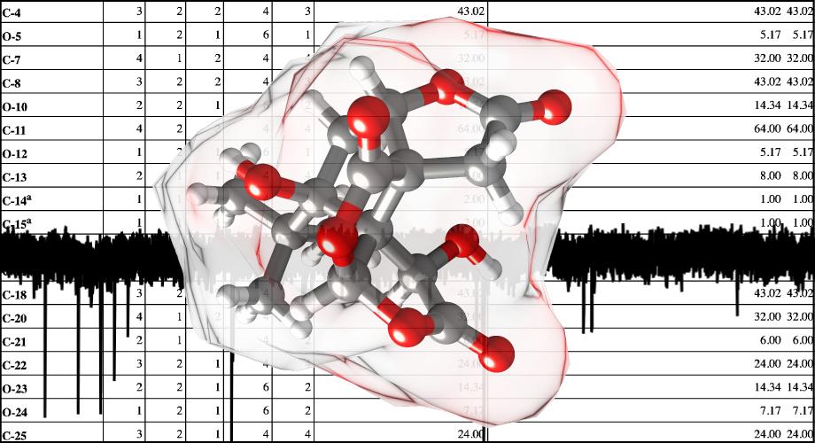 An illustrated model of the molecule bilobalide, which is produced in the leaves of the ginkgo tree, overlays the dense molecular information and biological data from rodent studies. (Image courtesy of the Shenvi laboratory at Scripps Research.)