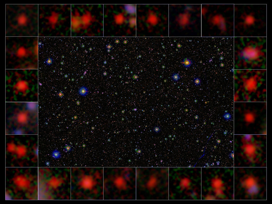 The COSMOS survey region surrounded by images of galaxies used in this study. In these galaxies star formation ceased around 10 billion years ago. (3-color false-color composite images combining data from the Subaru Telescope and VISTA) (Credit: NAOJ)