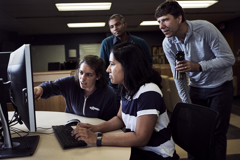 CAPTION Montana State computer science professor Brendan Mumey, right, and assistant professor Indika Kahanda, guide  graduate students Lucia Williams and Buwani Manuweera through coding as part of the pangenomics project on May 16, 2019.  CREDIT MSU Photo by Adrian Sanchez-Gonzalez