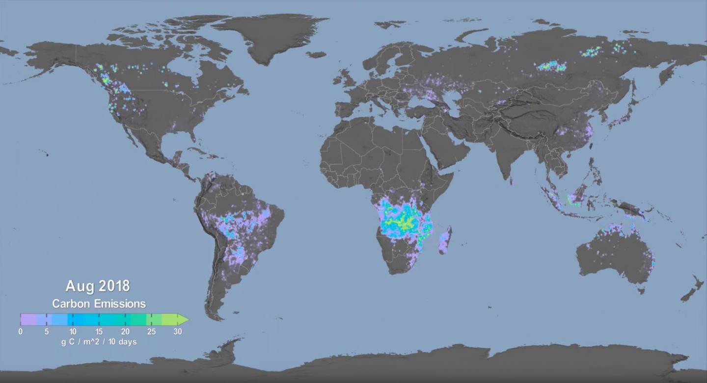 This visualization shows carbon emissions from fires from Jan. 1, 2003, through Dec. 31, 2018. The color bar reflects the quantity of carbon emitted.