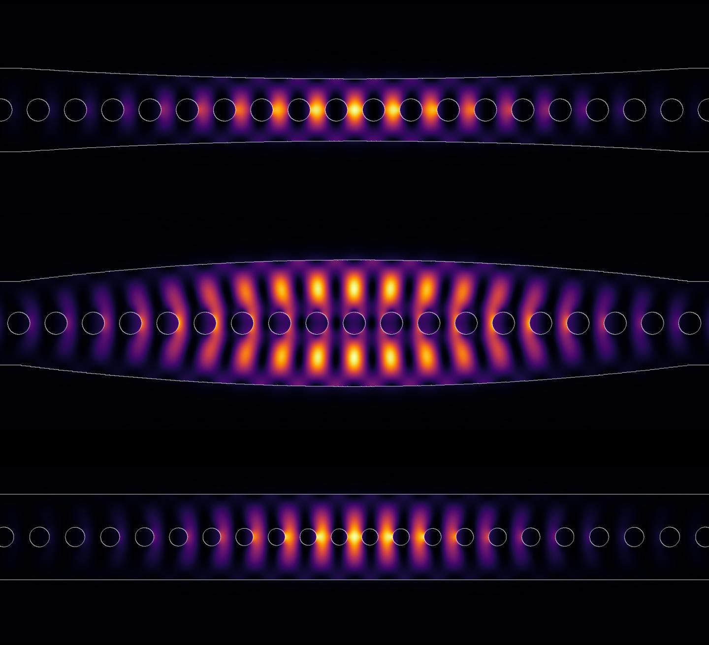 CAPTION Various designs form photonic crystals which concentrate light in a cavity.  CREDIT J. Olthaus, P. Schrinner et al./Adv. Quantum Technol.